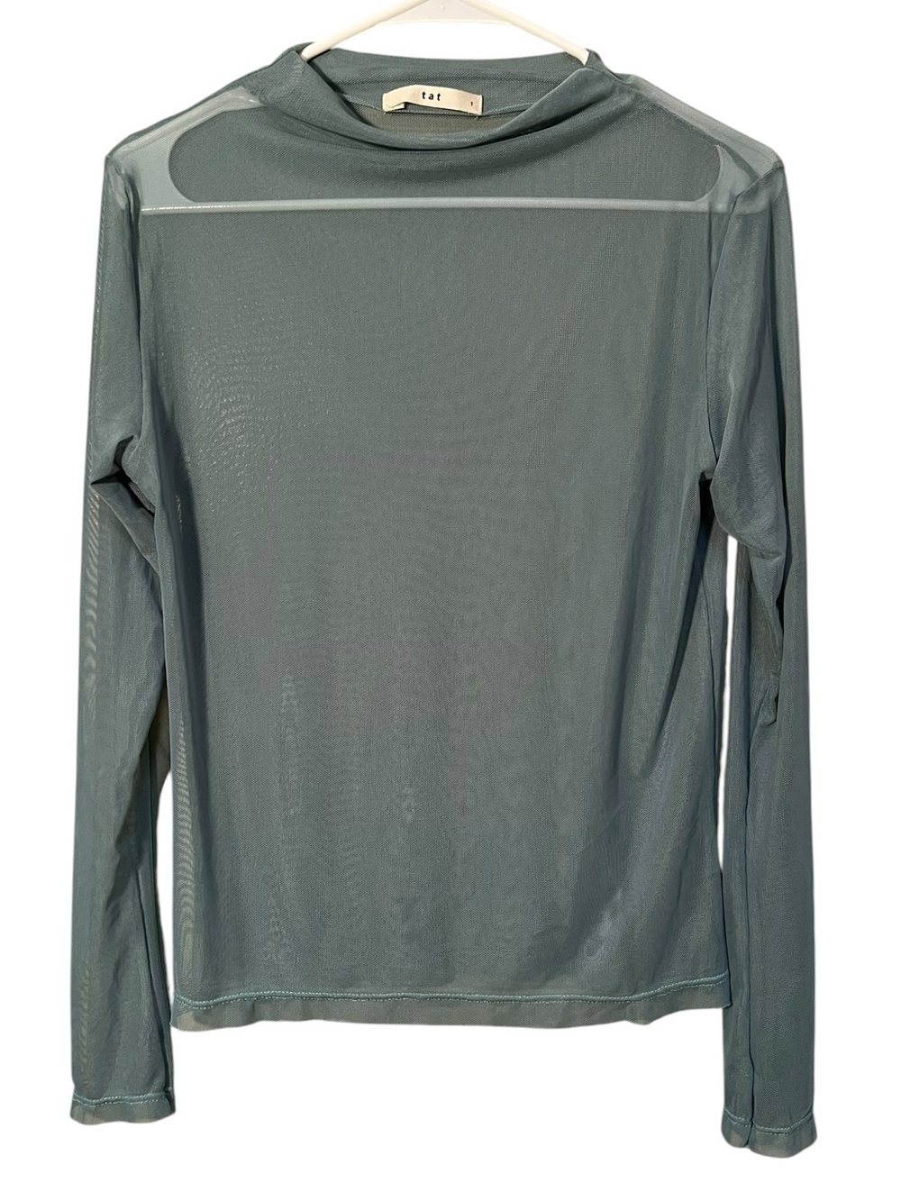 Tat Womens Size 1 Long Sleeve Funnel Neck Top Sheer Mesh Teal Blue Green Stretch